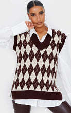 Load image into Gallery viewer, Chocolate Argyle Check V Neck Knitted Side Split Vest