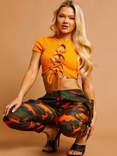 Load image into Gallery viewer, Orange Lace Up Front Ribbed Crop Top