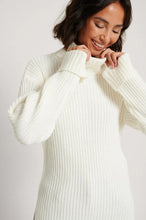 Load image into Gallery viewer, Oversized White Ribbed Knitted Turtleneck Side Slit Sweater