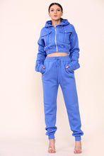 Load image into Gallery viewer, Blue Fleece Crop Zip Hooded Loungewear
