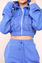 Load image into Gallery viewer, Blue Fleece Crop Zip Hooded Loungewear
