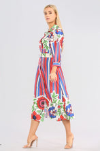 Load image into Gallery viewer, Red Floral Striped Midaxi  Belted Dress
