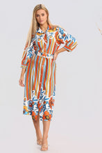 Load image into Gallery viewer, Orange Floral Striped Midaxi  Belted Dress
