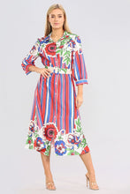 Load image into Gallery viewer, Red Floral Striped Midaxi  Belted Dress
