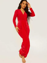 Load image into Gallery viewer, Red Plunge Neck Slinky Draped Maxi Dress
