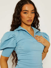 Load image into Gallery viewer, White Puff Sleeve Collared Bodycon Dress
