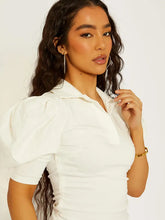 Load image into Gallery viewer, White Puff Sleeve Collared Bodycon Dress
