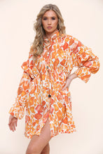 Load image into Gallery viewer, Orange Ruched Printed Shirt Dress
