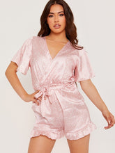 Load image into Gallery viewer, Wrap Front Belted Satin Printed Playsuit
