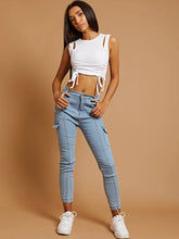 Load image into Gallery viewer, White Cut Out Shoulder Ribbed Ruched Crop Top
