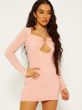 Load image into Gallery viewer, Peach Criss Cross Neck Slinky Bodycon Dress with Cutout Detail

