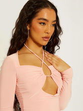 Load image into Gallery viewer, Peach Criss Cross Neck Slinky Bodycon Dress with Cutout Detail

